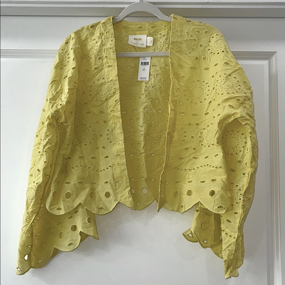 Anthropologie Maeve Yellow Eyelet Scalloped Open Front Top NWT Large